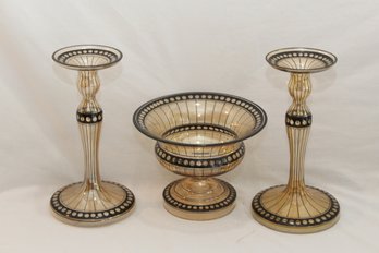 3 Piece Art Glass Set: Candlesticks, And Bowl (B-43)