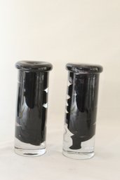 Kosta Boda Candlesticks By Anna Ehrner'Atoll' Black And Clear Glass Candle Holders (B-47)