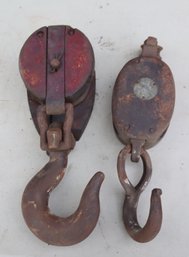 Pair Of Antique Snatch Block Wooden Pulley With Hook (G-25)