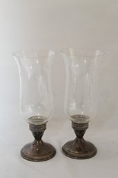 Vintage Weighted Sterling Silver Candlesticks With Glass Hurricane Shades (B-56)