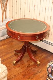 Vintage Round End Table With Leather Top & Drawer By Pensylvania House (R-52)