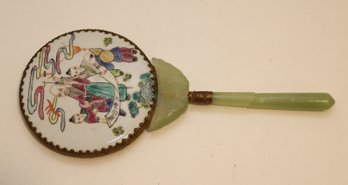 Vintage Chinese Hand Mirror Porcelain Back With Jade Handle (Broken)