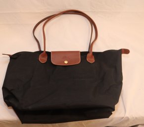 Longchamp Black Nylon Brown Leather Handbag