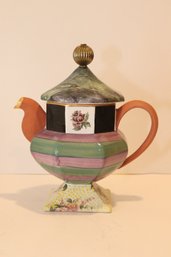 Mackenzie Childs TORQUAY Palm Devon Clay Green & Pink Stripes, Coffee Pot & Lid