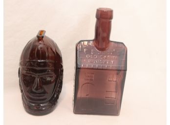 Vintage Wheaton Amber Glass E C Booz's Old Cabin Whiskey Bottle & Lenape State Bank Figural Indian Warrior