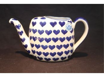 Wiza Boleslaweic Polish Handmade Pottery Blue Polka Hearts Watering Can Pitcher (A-13)