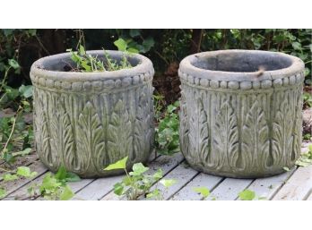 Pair Of Round Cement Concrete Plant Leaf Garden Planters