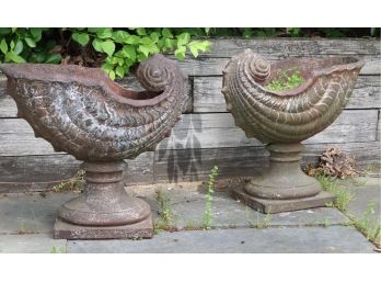 Pair Of Vintage Cast Iron Nautilus Shell Planters