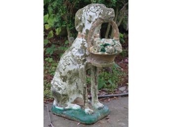 Painted Concrete Cement Sitting Dog W Basket In Mouth Garden Statue