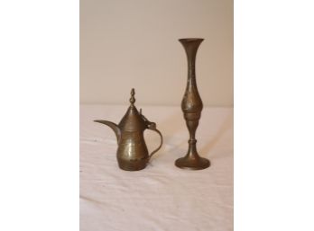 Vintage Miniature Brass Pitcher And Candle Stick