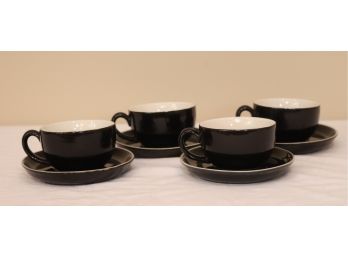 Set Of 4 Black Ceramic Espresso Coffee Mugs Cups & Saucers