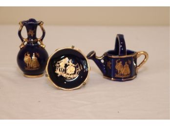 Miniature Limoges Coalt Blue And 14k Gold Hand Painted  Urn Plate & Watering Can