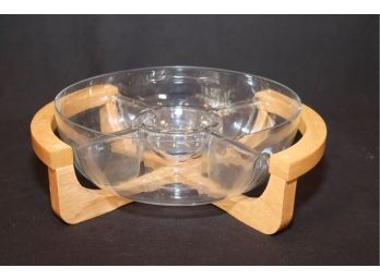 Divided Glass Serving Dip Tray On Wood Base