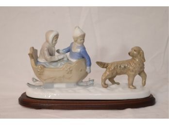 Vintage Ceramic Winter Sled Kids Dog Figurine On Wood Base