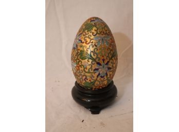 Carved Enameled Egg On Wood Base