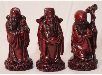 3 Red Stone Carved Chinese Figures