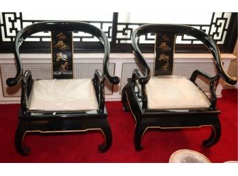 Pair Of Vintage Black Enamel Chinese Chairs