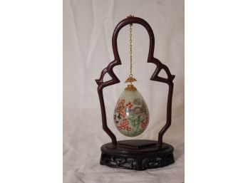 Vintage Asian Chinese Hand Blown Reverse Painted Hanging Glass Egg With Stand