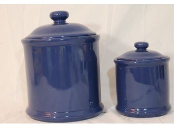 Pair Of Blue Ceramic Canisters With Lids