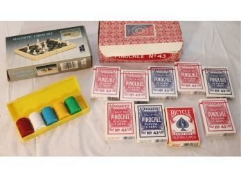 Vintage Pinochle Cards, Poker Chips And Travel Chess Set