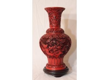 Vintage Carved Cinnabar Brass Lined Chinese Vase