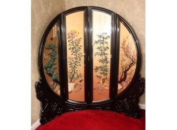 Vintage Carved Stone Asian 4 Panel Screen Round Black Lacquer