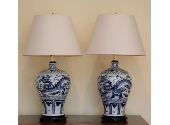 Pair Of Blue And White Dragon Porcelain Lamps With Shades