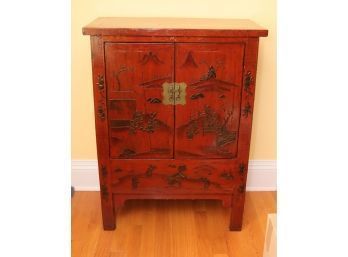 Japanese Asian Red Wood 2 Door Cabinet Carved