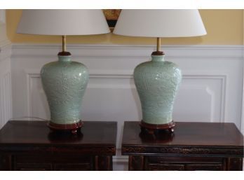 Pair Of Asian Jade Colored Ceramic Table Lamps On Wood Base With Shades