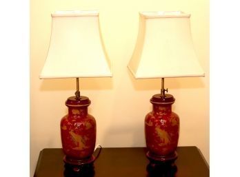 Pair Of Red Chinese Porcelain With Wood Base Table Lamps And Lamp Shades