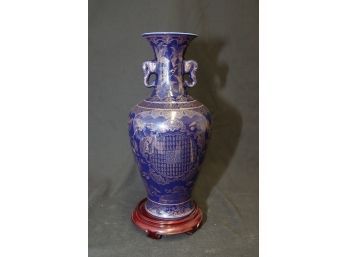 Blue & Gold Chinese Porcelain Vase On Wooden Base (P-12)