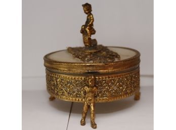 VINTAGE FILIGREE FOOTED CHERUB Brass And Glass Powder Jar