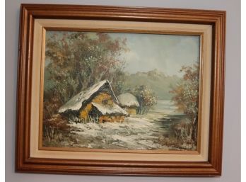 Original Signed Andre De Jong Oil Canvas Painting - Wood Framed - Winter Cabin  (S-3)