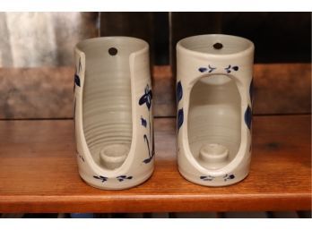 Williamsburg Pottery Salt Glazed Cobalt Blue Open Candle Holders Set Of 2