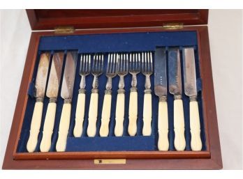 Antique Desert Flatware Set Forks And Knives In Wood Storage Box