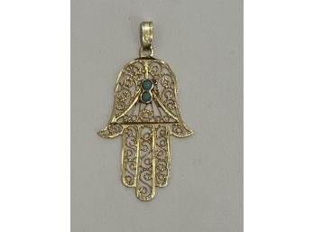 14K Gold Turquoise Hamsa Filigree Charm Pendant 1.8g. (J-22)