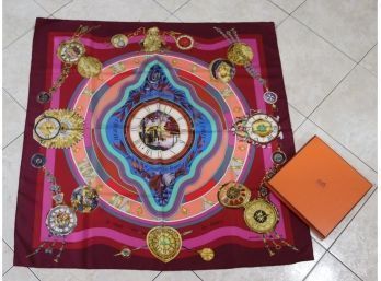 Authentic Hermes 'La Ronde Des Heures' By Loic Dubigeon Silk Scarf With Box  90cm (H-5)