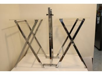 Pair Vintage Lucite And Chrome Folding Tables On Storage Stand