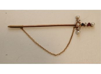 Vintage Sword Tie Pin With Chain Pearls Gems