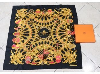 Authentic Hermes 'british Heraldry' Black Silk  Scarf With Box 90cm (H-6)