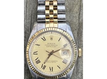 1983 ROLEX DATEJUST YELLOW GOLD & STAINLESS STEEL AUTOMATIC Watch RARE Roman Numeral Dial 16013