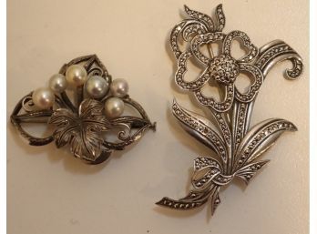 Pair Of Vintage Floral Brooch Sterling Pin  (AGS-9