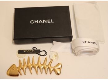 RARE 1993 CHANEL CC Fishbone Brooch Pin With All Original Packaging. (AGS-8)