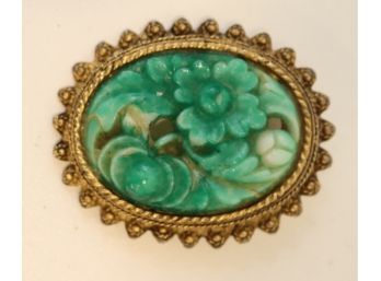 Vintage Carved Floral Jade Pin Brooch Pendant. (J-17)