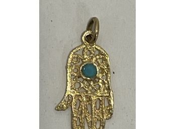 14K Gold Turquoise Hamsa Filigree Charm Pendant (J-23)