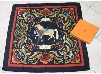 Authentic HERMES Silk 'Cheval Turc' Scarf With Box  90cm (H-4)