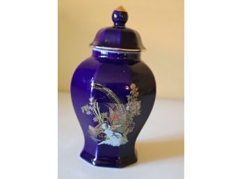 Vintage Blue Asian Small Ginger Jar Painted Pheasant Decor (B-7)