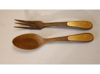 Vintage Wood And Brass Salad Serving Spoon Fork (B-13)