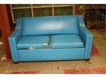 Vintage Blue Vinyl Sleeper Sofa Love Seat