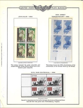 United States Plate Block- John Muir 1964/NJ Tercentenary 1964/Civil War Centennial 1964